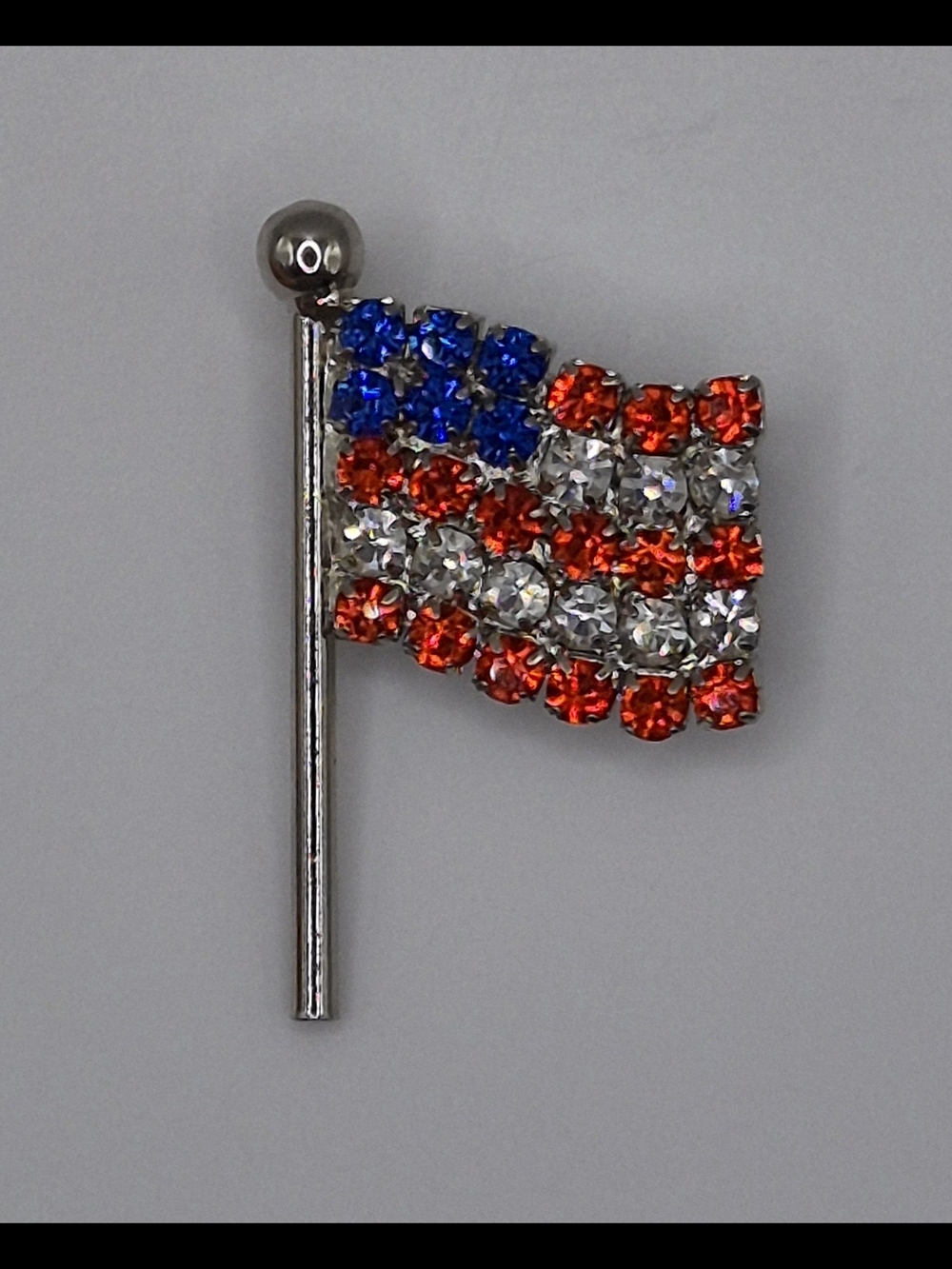 American Flag Silvertone With Red, White & Blue Rhinestones Patriotic Brooch Pin